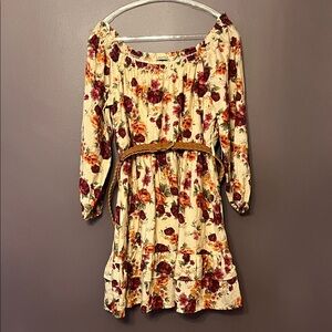 Liberty Love XL Floral On/Off-Shoulder Boho Dress in Cream and Burgundy NWT